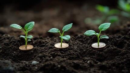 Three small green plants growing out of the ground on top of coins.
