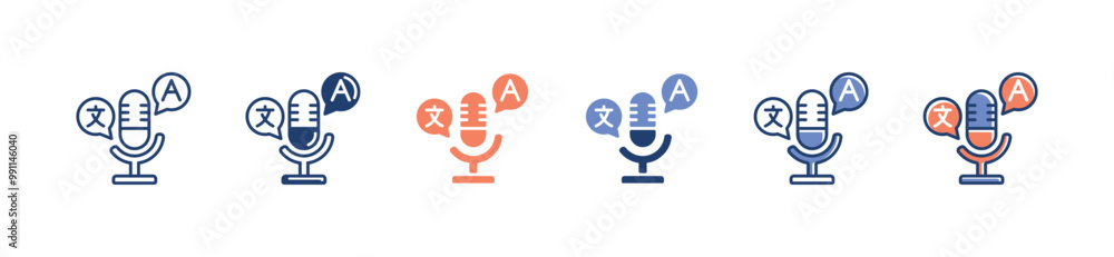 Poster simple microphone talk language translate icon set global communication translation dictionary service business vector illustration