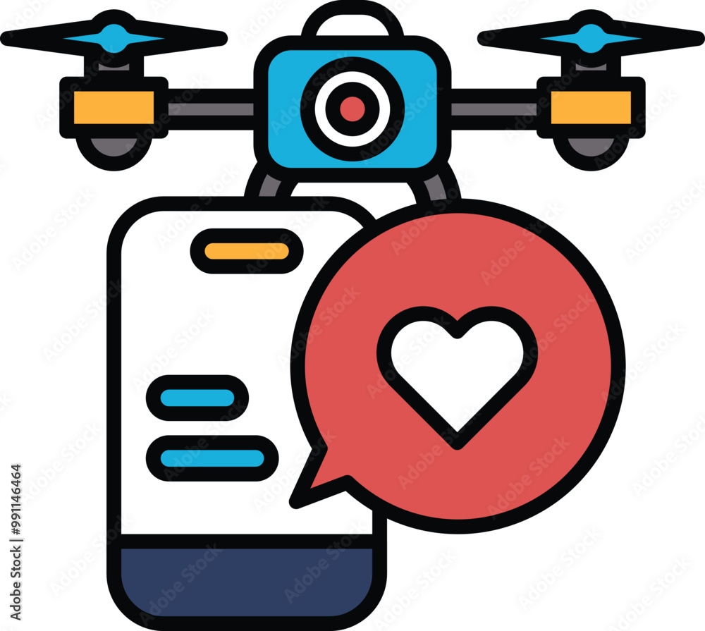 Poster a drone is hovering over a cell phone with a heart on it