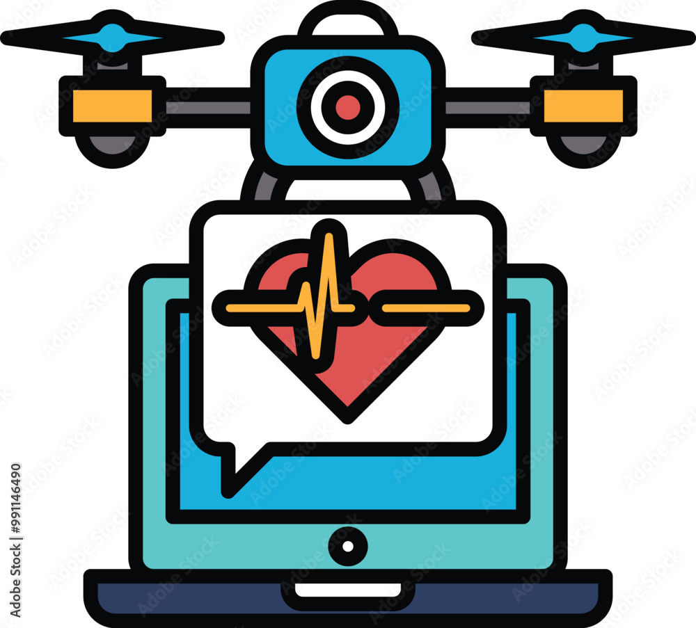 Poster a drone is hovering over a laptop with a heart on it