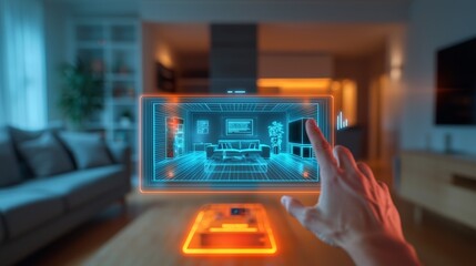 Fototapeta premium Hand interacting with holographic interface in modern living room setting.