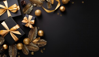 Naklejka premium Luxurious Black and Gold Themed Black Friday Background with Gift Boxes and Holiday Decorations
