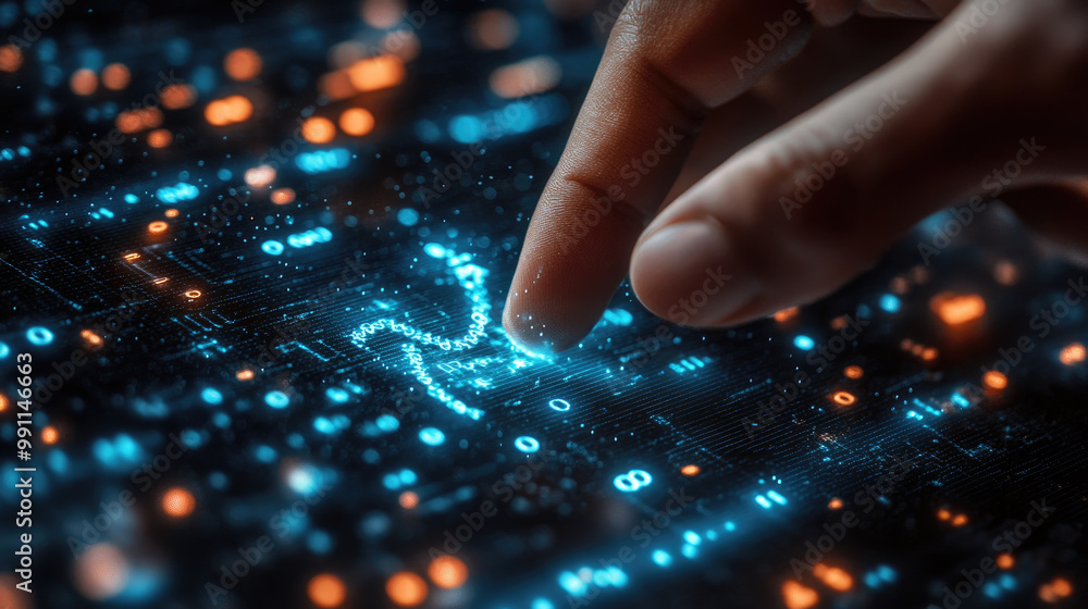 Poster a hand touches illuminated data points on a vibrant digital display, showcasing intricate patterns a