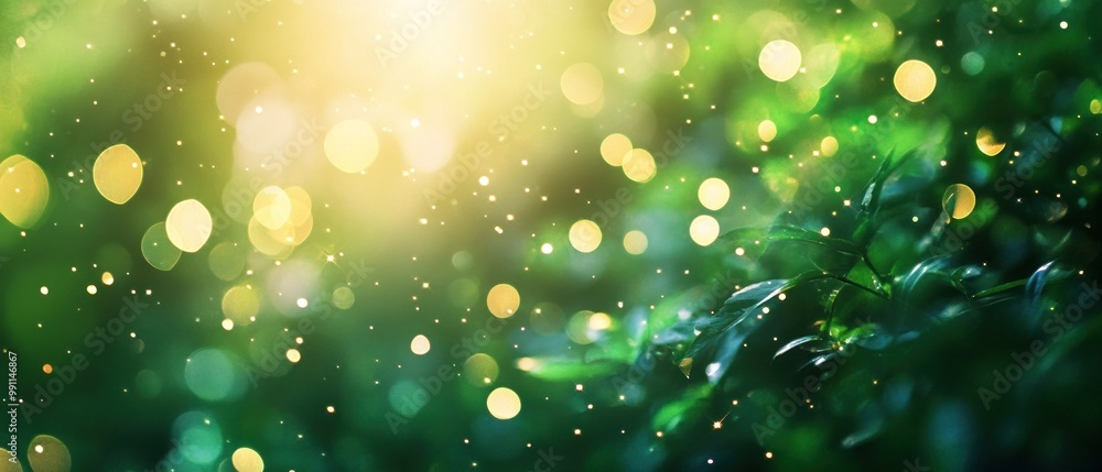Poster a serene forest scene with soft, glowing light and floating particles creating a magical atmosphere.