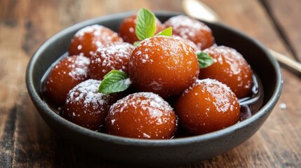 Close-up of a bowl of gulab jamun, an Indian sweet dessert. The jamun are covered in sugar syrup and powdered sugar.