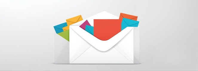 White envelopes with colorful letter on light grey background. Mail delivery. October World Post Day. International Letter Writing Week. Design for banner with copy space.