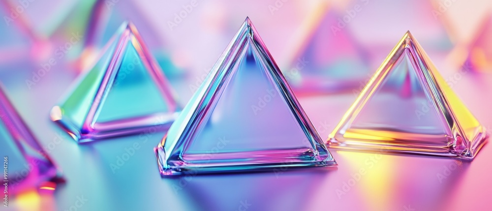 Poster a row of colorful triangular glass shapes are arranged in a pattern