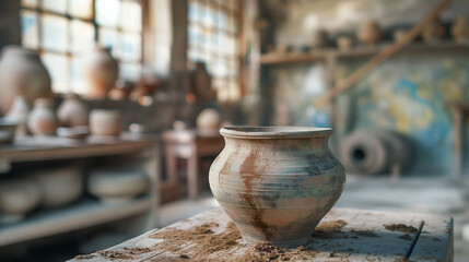 A rustic pottery workshop featuring a handcrafted clay pot on a wooden table. The background shows shelves filled with various pottery pieces and tools.