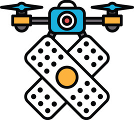 A blue and yellow drone with a camera on top