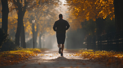 Obraz premium A jogger enjoys a morning run on a serene path, surrounded by vibrant autumn foliage and soft sunlight filtering through trees