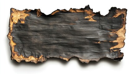 A burnt piece of paper with charred edges, isolated on a white background with a clipping path, perfect for design use
