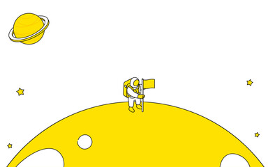 月面に旗をさす宇宙飛行士のかわいいシンプルな線画イラスト