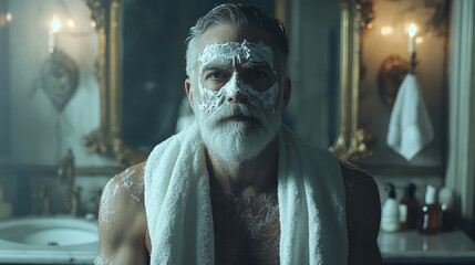 A man with a well-groomed beard prepares for grooming in a vintage bathroom filled with soft lighting and elegance, showcasing his reflections