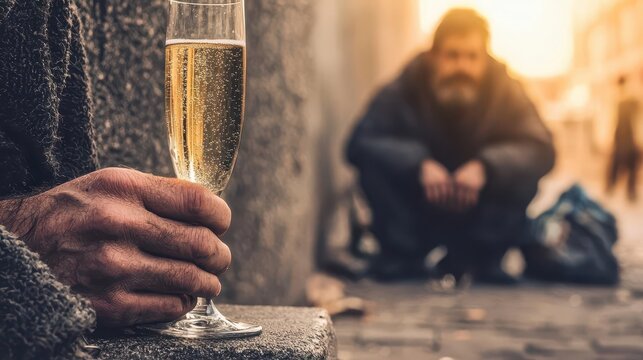 Welldressed man holding a glass of champagne, overlooking a struggling street vendor, economic disparity, class contrast