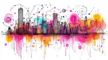 Fototapeta premium A colorful cityscape with abstract watercolor accents.