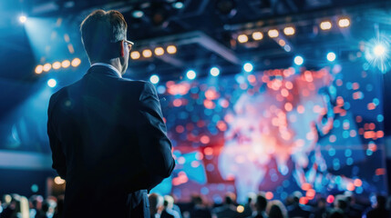 Naklejka premium A business leader giving a speech at an industry conference, standing under bright lights and large video screens highlighting their company's achievements