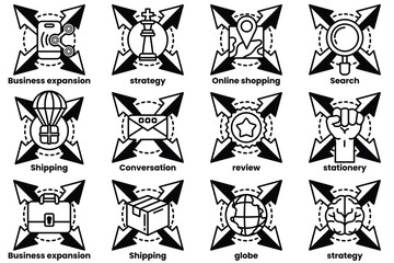 A series of business icons, including business expansion, business review