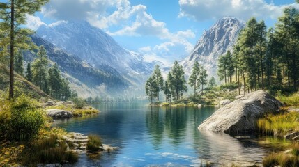 Calm blue lake nestled in a valley with snowcapped mountains and trees.