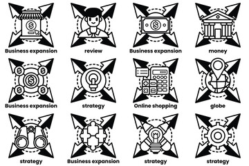A series of business icons, including business expansion, business review