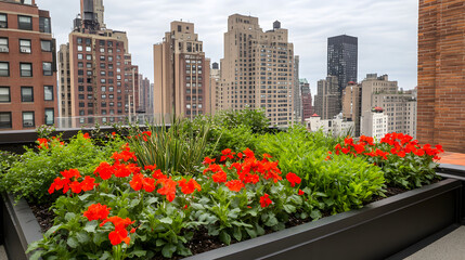 Fototapeta premium Urban rooftop garden filled with vibrant flowers and lush greenery, showcasing the contrast between nature and city life, with towering skyscrapers providing a stunning backdrop for relaxation 