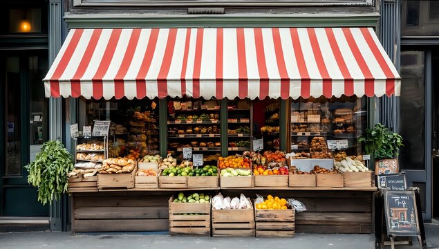 A storefront with a red and white striped awning and fresh produce displayed outside.