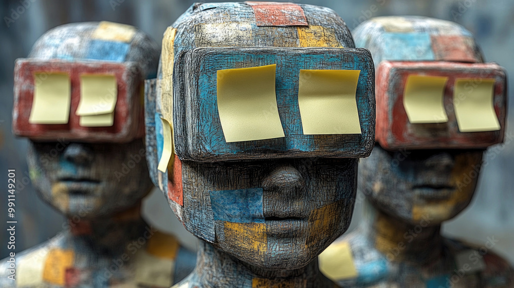 Poster three stylized sculptures with virtual reality headsets display vibrant colors and sticky notes, cre