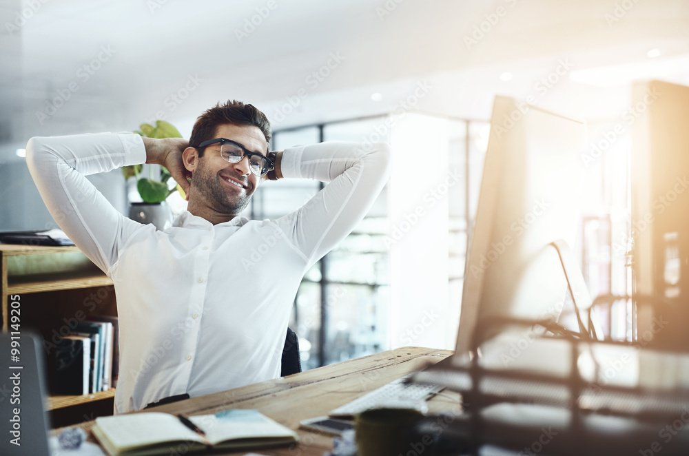 Aufkleber businessman, smile and resting on computer at office with email notification for good news. male per