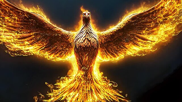 Magnificent fiery phoenix rising from flames, symbolizing rebirth, power, mythology, and transformation in a dramatic fantasy scene.

