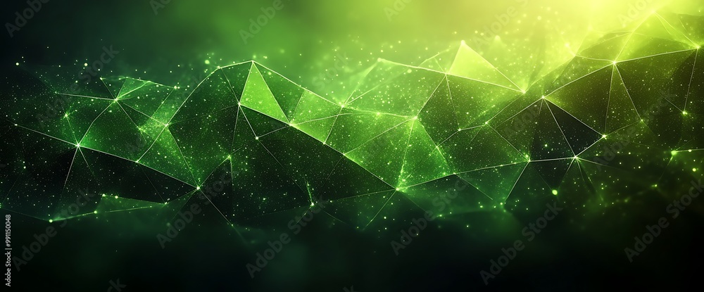 Poster abstract green and yellow glowing polygon background with connected lines and bright bokeh.