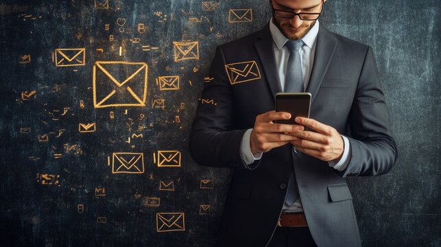 A businessman holding a smartphone in hand, with a chalk drawing of an email alert, symbolizing business communication