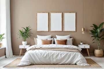 Bright bedroom interior with earth tone color and empty mock-up frame with copy space.