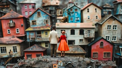 First Time Homebuyers Exploring Colorful Houses in a New Neighborhood Generative AI