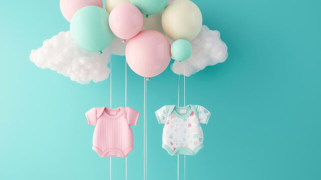 Whimsical baby shower, cute baby clothes, floating pastel balloons, 3D illustration