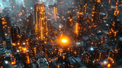 Obraz premium Birds-eye view of luminous fantasy cities, intricate scientific equipment embedded in nature, macro photography capturing vivid details