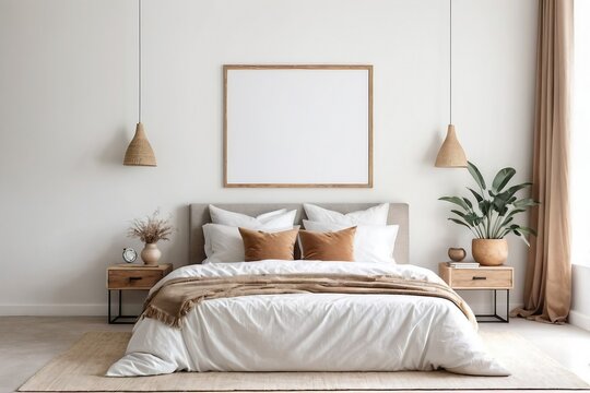 Bright bedroom interior with earth tone color and empty mock-up frame with copy space.