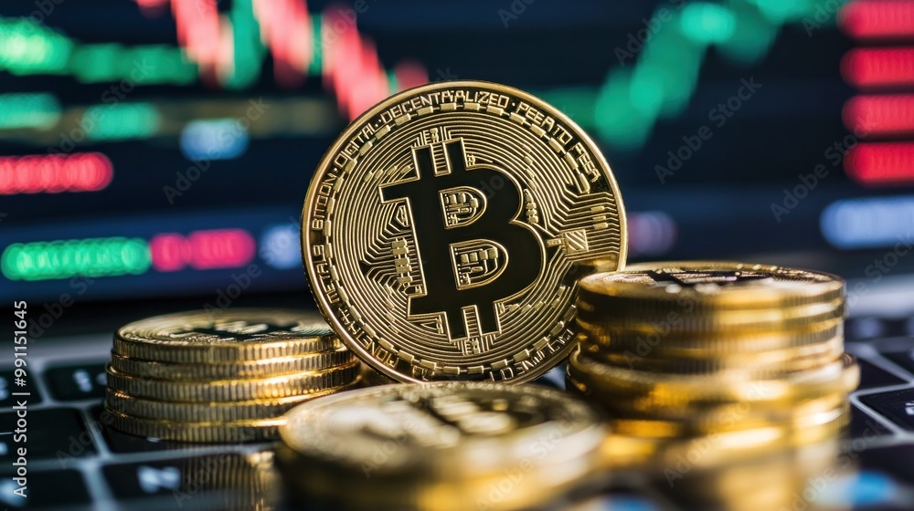 Poster a close-up of bitcoin coins with a fluctuating stock market graph in the background.