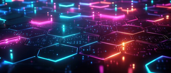 Fototapeta premium A vibrant, illuminated hexagonal grid with glowing edges, suggesting a digital landscape.