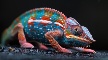 Colorful chameleon on an isolated black background