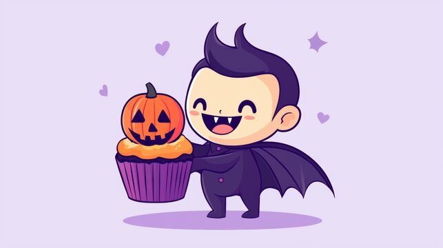 cute vampire holding pumpkin cupcake clip art preview