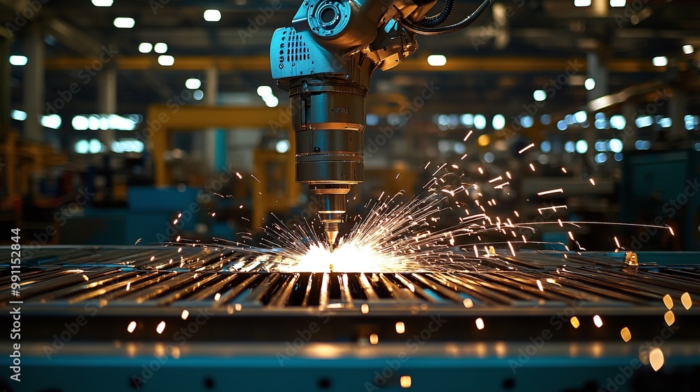 Poster advanced robotic technology for welding in a factory setting, increasing output and quality in indus