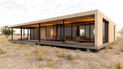 Obraz premium Modern house design with large windows set in a natural landscape.