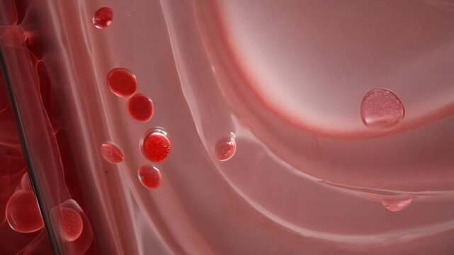 Red blood cells circulate within a blood vessel, showcasing their vital role in transporting oxygen throughout the human body. This depiction highlights their natural movement and health