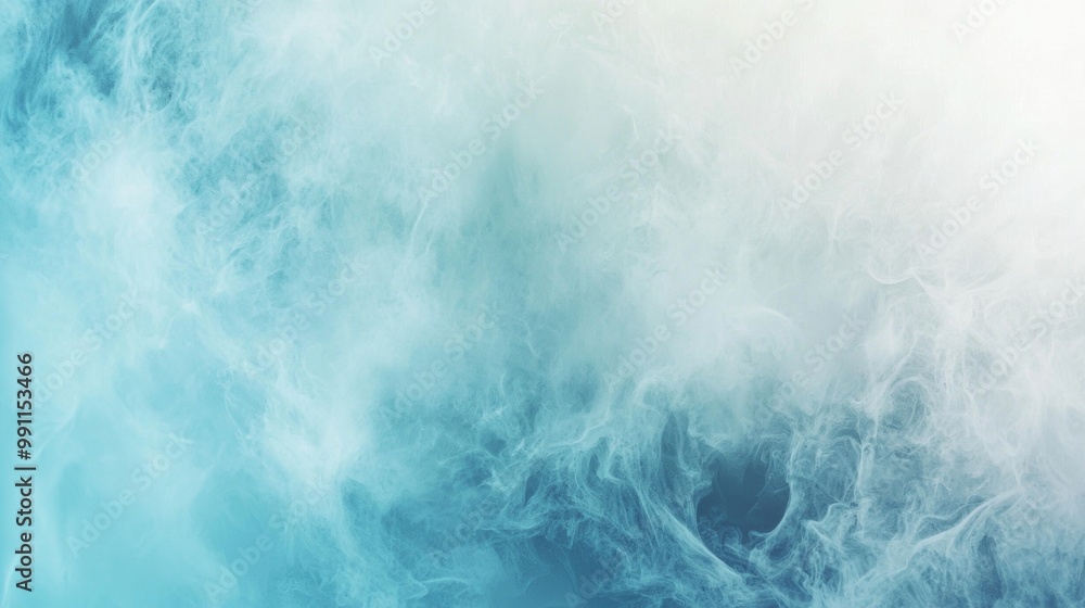 Poster Blue smoke swirls and twists, creating a mesmerizing abstract background shifting from turquoise to white, perfect for adding elegance to any design project