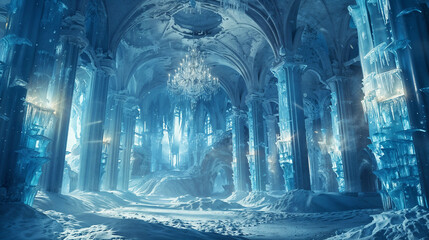 Frozen ballroom with ornate ice sculptures and a glistening chandelier, sunlight streaming through frost-covered windows creating a magical ambiance. Interior of a magical palace or castle