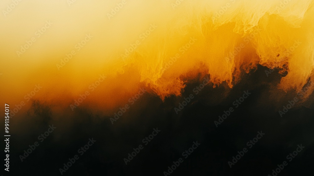 Poster vibrant abstract ink background blending orange and yellow with swirling clouds and dark patterns. p