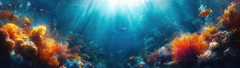 Obraz premium Close-up of a mystical ocean, fantastical sea creatures cleansing vibrant coral reefs, sunlight dancing on the waters surface, harmony of nature and magic