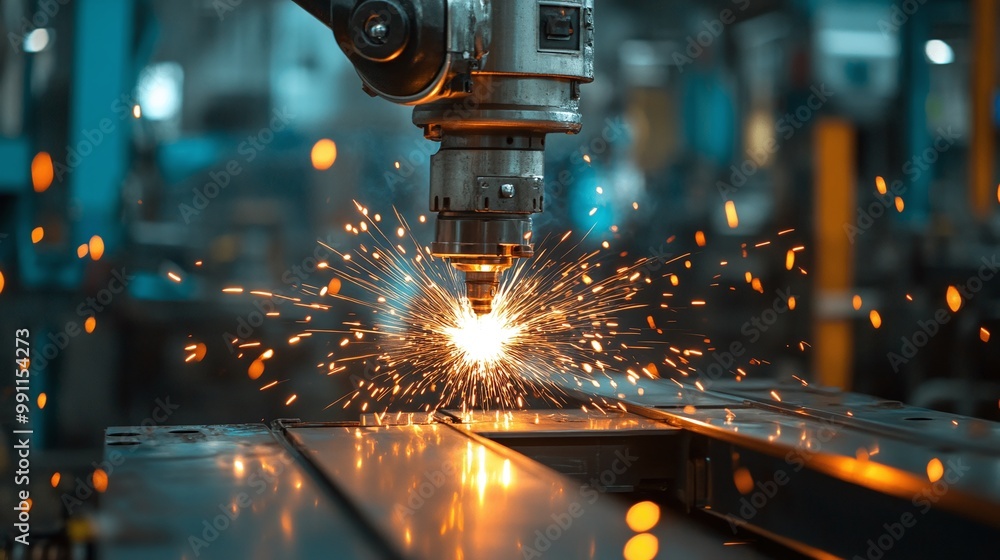 Poster advanced robotic technology for welding in a factory setting, increasing output and quality in indus