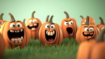 Lively group of pumpkins with funny expressions in a grassy field, perfect for adding halloween spirit to your projects