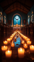 Fototapeta premium Candles line the aisle of a church, leading to the altar.