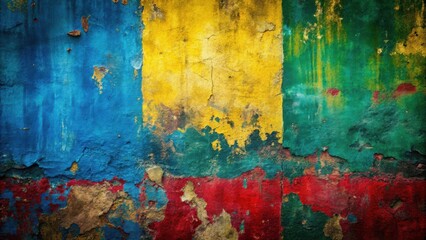 Abstract distressed wall painting in blue, yellow, red, and green colors, visually striking and textured artistic representation